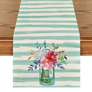 Artoid Mode Watercolor Stripes Flower Vase Spring Table Runner, Seasonal Holiday Kitchen Dining Table Runner for Home Party Decor 13 x 72 Inch