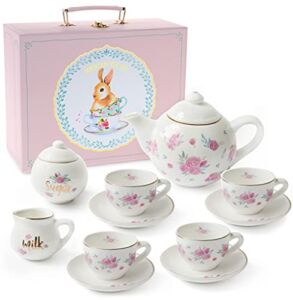 Jewelkeeper Porcelain Tea Set for Little Girls, Floral Design, 13 Pieces