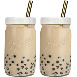 Bubble Tea Cups 2 Pack, Reusable Wide Mouth Smoothie Cups, Iced Coffee Cups With White Lids and Gold Straws Mason Jars Glass Cups, Travel Glass Drinking Bottle (32oz, Gold Straws)
