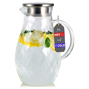 Borosilicate Glass Pitcher with Lid and Spout – 68 Ounces Cold and Hot Water Carafe with Unique Diamond Pattern, Beverage Pitcher for Homemade Iced Tea and Juice.