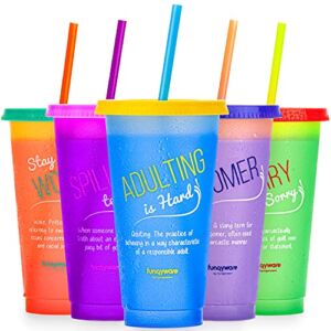 Color Changing Cups with Lids and Straws for Adults – 5 x 24oz Reusable Cups with Lids and Straws, Bulk Plastic Cups with Lids and Straws for Kids, Cold Iced Coffee Cups & Women Party Water Tumbler
