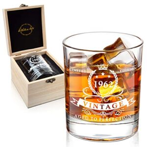 LIGHTEN LIFE 60th Birthday Gifts for Men,1962 Whiskey Glass in Valued Wooden Box,Whiskey Bourbon Glass for 60th Years Old Dad,Husband,Friend,Boss,12 oz Old Fashioned Glass 60th Birthday Gag Gifts
