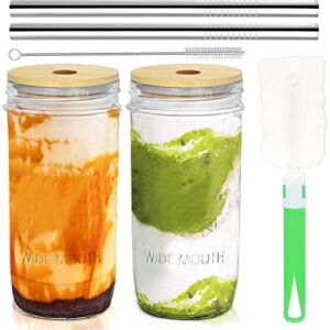 COLOROUND 2 Pack Mason Jar Smoothie Cups with Bamboo Lids and Straws 24 oz Mason Jars Wide Mouth Mason Reusable Drinking Glasses Cups Water Cup Glass Tumbler for Juice Coffee Milkshake (Set of 2)