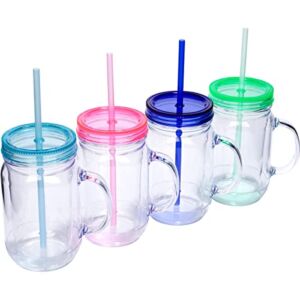 Zephyr Canyon Plastic Mason Jars with Handles, Lids and Straws | 20 oz Double Insulated Tumbler with Straw | 4 Pack Set of 4 | Wide Mouth Mason Jar Mugs | Cups for Kids and Adults…