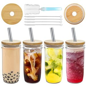 zunmial Reusable Boba Cup Bubble Tea Cup , 24oz (4 Pack) Wide Mason Jar with Bamboo Lid and Stainless Straw Glass Smoothie Cups Travel Tumbler for Iced Coffee Large Pearl Juices Cocktail (Bamboo Lid)