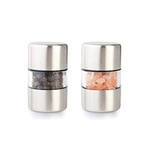 T-mark Premium Sea Salt and Pepper Grinder Set – Spice Mill with Brushed Stainless Steel, Small Portable Ceramic Salt & Pepper Shakers (2-Pack)