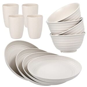 12pcs Wheat Straw Dinnerware Sets Microwave Safe Lightweight Bowls, Cups, Plates Set-Reusable, Dishwasher Safe
