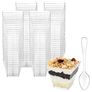 Colovis Mini Dessert Cups, 100 CT 2oz Clear Plastic Parfait Appetizer Cups with Spoons Mini Square Dessert Bowls for Serving, Tasting (100)