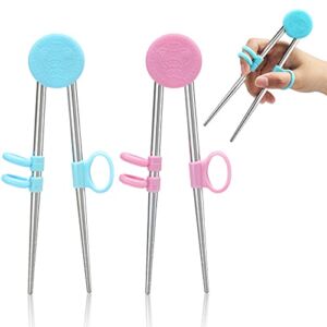 2 Pairs Training Chopsticks for Kids, Children Adult Learning Chopsticks Helper Stainless Steel Reusable Metal Chopsticks (Blue, Pink)
