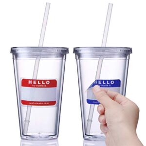 Cupture Classic Insulated Double Wall Tumbler Cup with Lid, Reusable Straw & Hello Name Tags – 24 oz, 2 Pack (clear)
