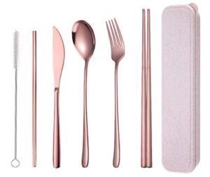 AARAINBOW 6 Pieces 18/8 Stainless Steel Flatware Set Portable Reusable Cutlery Set Travel Utensils Set Including Chopsticks Knife Fork Spoon Straws Cleaning Brush Dishwasher Safe (Rose Gold)