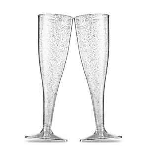 50 Plastic Champagne Flutes – Disposable Champagne Flute – Silver Glitter Plastic Champagne Glasses for Parties, Mimosa Bar, Events, Wedding and Shower Party Supplies – Toasting Cocktail Cups