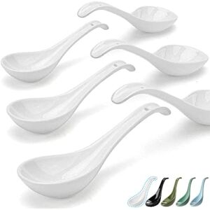 Artena Bright White 6.75 inch Asian Soup Spoons Set of 6, Ultra-fine Porcelain Tablespoon, Chinese/Japanese Kitchen Soup Spoons for Cereal, Small Spoons for Ramen Pho – Deep Oval Hook Design