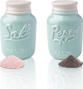 Vintage Mason Jar Salt & Pepper Shakers by Comfify – Adorable Decorative Mason Jar Décor for Vintage, Rustic, Shabby Chic – Sturdy Ceramic in Aqua Blue – 3.5 oz. Cap.