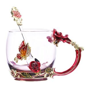 Glass Tea Cup Coffee Mugs & Gifts for Women with Spoon Beautiful Rose Flower Butterfly Glass