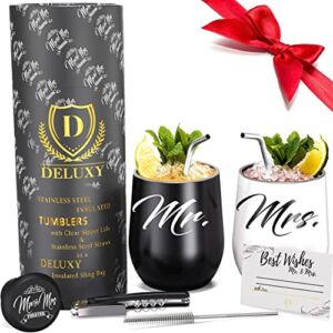 DELUXY Mr and Mrs Wine Tumblers – Gift For Couple, Wedding Gifts For Husband & Wife, Bridal Shower Gift For Bride, Wedding Gift For Couple Unique, Anniversary, His and Hers, Newlywed