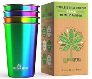 Stainless Steel Cups 16 oz Pint Tumbler (4 Pack) – Premium Metal Drinking Glasses | Stackable Durable Cup (16 oz Rainbow)