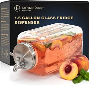 Glass Beverage Dispenser for Parties – 100% Leakproof Stainless Steel Spigot – Drink Dispenser for fridge, Liquid Laundry Detergent Dispenser, Compote & Water Dispenser Countertop, 1.5 Gallon Jug