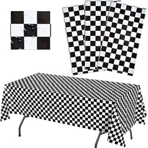 Black Checkered Tablecloth Plastic | 3 Pcs Pack – 54” Wide x 108” Long | Black and White Checkered Disposable Table Cover | Checkered Flag Tablecloth | Retro, Diner, Racing Party Décor | Anapoliz
