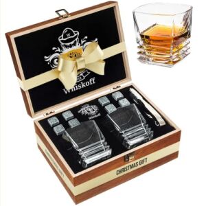 𝗕𝗘𝗦𝗧 𝗚𝗜𝗙𝗧: Whiskey Rocks Glasses Gift Set – Heavy Base Crystal Glass for Scotch Bourbon Drinker – Whisky Chilling Stones in Wooden Gift Box – Burbon Gift Set for Men Idea