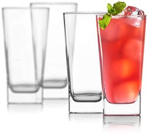 Highball Glasses [Set of 4] + 4 Stainless Steel Straws, 16 oz Lead-Free Crystal Clear Glass, Elegant Drinking Cups for Water, Wine, Beer, Cocktails and Mixed Drinks – Round Top, Square Bottom