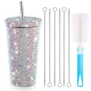 Studded Bling Diamond Tumbler Glitter Water Bottle with Lid Stainless Steel Vacuum Thermal Straw Tumbler Rhinestone Tumbler with 1 Pcs Cup Brush 6 Pcs Straw Brushes for Women (16.9 oz, AB Color)