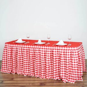 TABLECLOTHSFACTORY 17FT Perfect Picnic Inspired White/Red Checkered Polyester Table Skirt for Kitchen Dining Catering Wedding Decorations