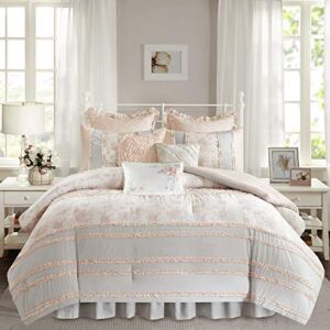 Madison Park 100% Cotton Comforter Set-Modern Cottage Design All Season Down Alternative Bedding, Matching Shams, Bedskirt, Decorative Pillows, Queen(90″x90″), Coral 9 Piece