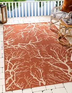 Unique Loom Collection Coastal, Branches, Botanical, Indoor and Outdoor Area Rug, 9 ft x 12 ft, Terracotta/Beige
