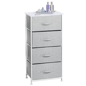 mDesign Tall Dresser Storage Tower Stand – Sturdy Steel Frame, Wood Top, 4 Drawer Easy Pull Fabric Bin – Organizer for Bedroom, Hallway, Entryway, Closet – Textured Print – Gray/White