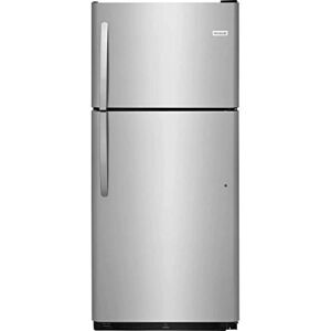 Frigidaire FFTR2021TS 30″ Top Freezer Refrigerator with 20.4 cu. ft. Total Capacity 2 Full Width Glass Refrigerator Shelves 1 Full Width Wire Freezer Shelf Reversible Door and 2 Crisper Drawers in Stainless Steel