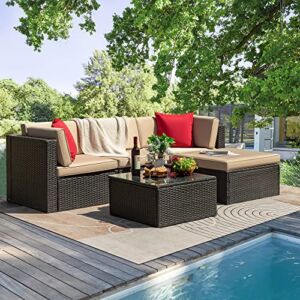 Tuoze 5 Pieces Patio Furniture Sectional Outdoor PE Rattan Wicker Lawn Conversation Cushioned Garden Sofa Set with Glass Coffee Table (Beige)