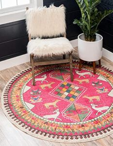 Unique Loom Sedona Collection Southwestern, Border, Over-Dyed, Animals, Tribal, Abstract Area Rug, 3 Feet 3 Inch, Pink/Beige