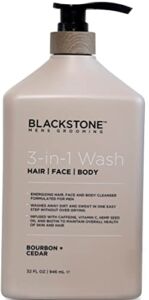 Blackstone 3-in-1 Wash for Men| Cleanses & Conditions Hair, Body, & Face| For All Skin & Hair Types | With Caffeine, Vitamin C, Hemp Seed Oil & Biotin – Bourbon & Cedar, 32 fl oz