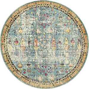 Unique Loom Monterey Collection Vintage Bohemian Inspired with Distressed Tribal Design Area Rug, Round 8′ 0″ x 8′ 0″, Blue/Yellow
