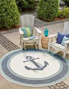 Unique Loom Outdoor Coastal Collection Abstract, Anchor, Vintage, Contemporary, Border, Ropes Area Rug (7′ 0 x 7′ 0 Round, Navy Blue/Ivory)