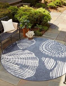 Unique Loom Outdoor Coastal Collection Beach, Shells, Vintage, Contemporary, Distressed Area Rug (7′ 0 x 7′ 0 Round, Navy Blue/Ivory)