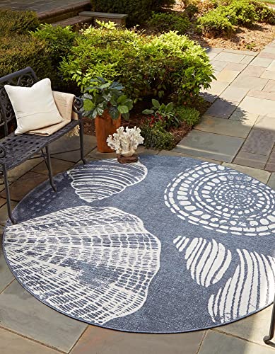 Unique Loom Outdoor Coastal Collection Beach, Shells, Vintage, Contemporary, Distressed Area Rug (7′ 0 x 7′ 0 Round, Navy Blue/Ivory) | The Storepaperoomates Retail Market - Fast Affordable Shopping