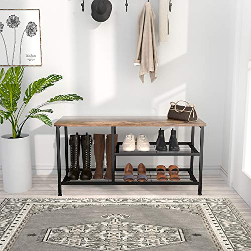 Karcog Shoe Rack Bench for Entryway with Boot Organizer, Industrial Entry Bench with Shoe Storage Shelf, 3-Tier Small Rustic Shoe Rack for Small Spaces, Metal Shoe Rack with Wood Bench | The Storepaperoomates Retail Market - Fast Affordable Shopping