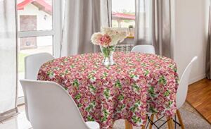 Ambesonne Romantic Round Tablecloth, Vintage Inspired Peonies with Fresh Vibrant Spring Season Foliage Leaves, Circle Table Cloth Cover for Dining Room Kitchen Decoration, 60″, Pale Pink Fern Green