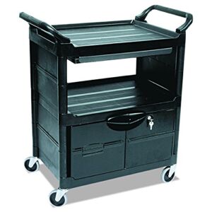 Rubbermaid Commercial Plastic Service and Utility Cart with Cabinet and Sliding Drawer, Black (FG345700BLA)