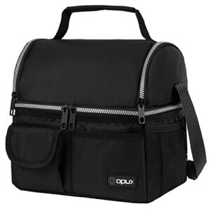 OPUX Insulated Dual Compartment Lunch Bag for Men, Women | Double Deck Reusable Lunch Pail Cooler Bag with Shoulder Strap, Soft Leakproof Liner | Large Lunch Box Tote for Work, School (Black)