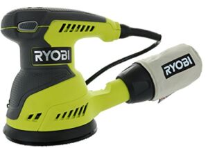Ryobi RS290G 2.6 Amp 12,500 OPM Single Speed 5 Inch Hook and Loop Corded Random Orbit Sander w/ 3 Pads and Dust Bag