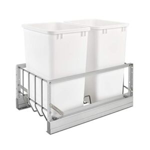 Rev-A-Shelf 5349-18DM-2 Double 35 Quart Home Kitchen Base Cabinet Pull Out Waste Container Trash Bin with Soft-Close, Silver & White