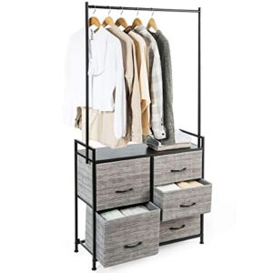 Tangkula Fabric Drawer Dresser w/Clothes Rack, Storage Organizer with Metal Frame and Wooden Top, Closet Organizers and 5 Storage Drawers for Clothes, Toys, for Hallway, Bedroom (Gray)