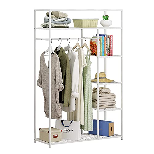 JEROAL Metal Closet Heavy Duty Clothes Rack, Freestanding Garment Organizer Closet, Open Wardrobe Closet Storage Organizer with Hanging Rod and Storage Wire Shelves, White | The Storepaperoomates Retail Market - Fast Affordable Shopping