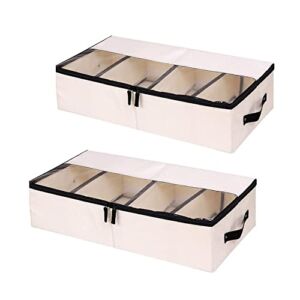 Under Bed Storage Organizer Clothes Containers Shoe Box Sturdy Foldable Bags With Handles And Adjustable Dividers For Shoes, Clothes, Toys, Blankets and Household Items 2Pcs (Beige)