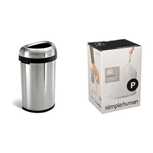 simplehuman 60 Litre semi-Round Open can Heavy-Gauge Brushed Stainless Steel + Code P 60 Pack Liners