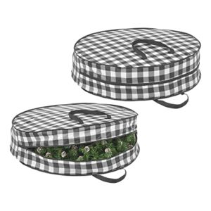 mDesign Round Wreath Storage Bag with Handles, Holder Container for Christmas and Holiday Decorations, Zipper Close, Closet or Cubby Storage Totes, Buffalo Plaid, 2 Pack, Black/White