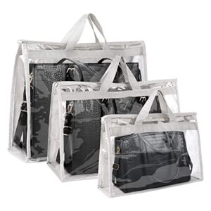 QEQRUG Handbag Storage Bags, 3 Pcs Dust Cover Bag for Hanging Closet, Transparent Purse Storage Organizer Bag with Zipper and Handle for Handbags Anti-dust (Grey)